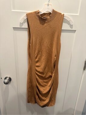 Express Camel Brown Ruched Draped Mock Neck Midi Dress M